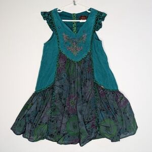 Catimini Blue Green Abstract Floral Embroidered Dress 8
